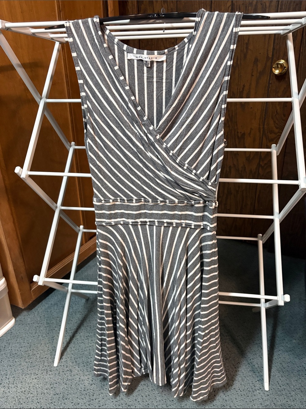 Max Studio Gray & White Striped Wrap-Style Midi Dress